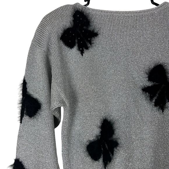 Vintage Smith St. John Metallic Lurex Holiday Sweater Bow Pearl Glam M - Picture 7 of 10